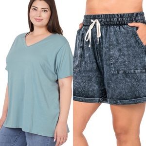 Blue Mineral Wash Drawstring Cuffed Short Set